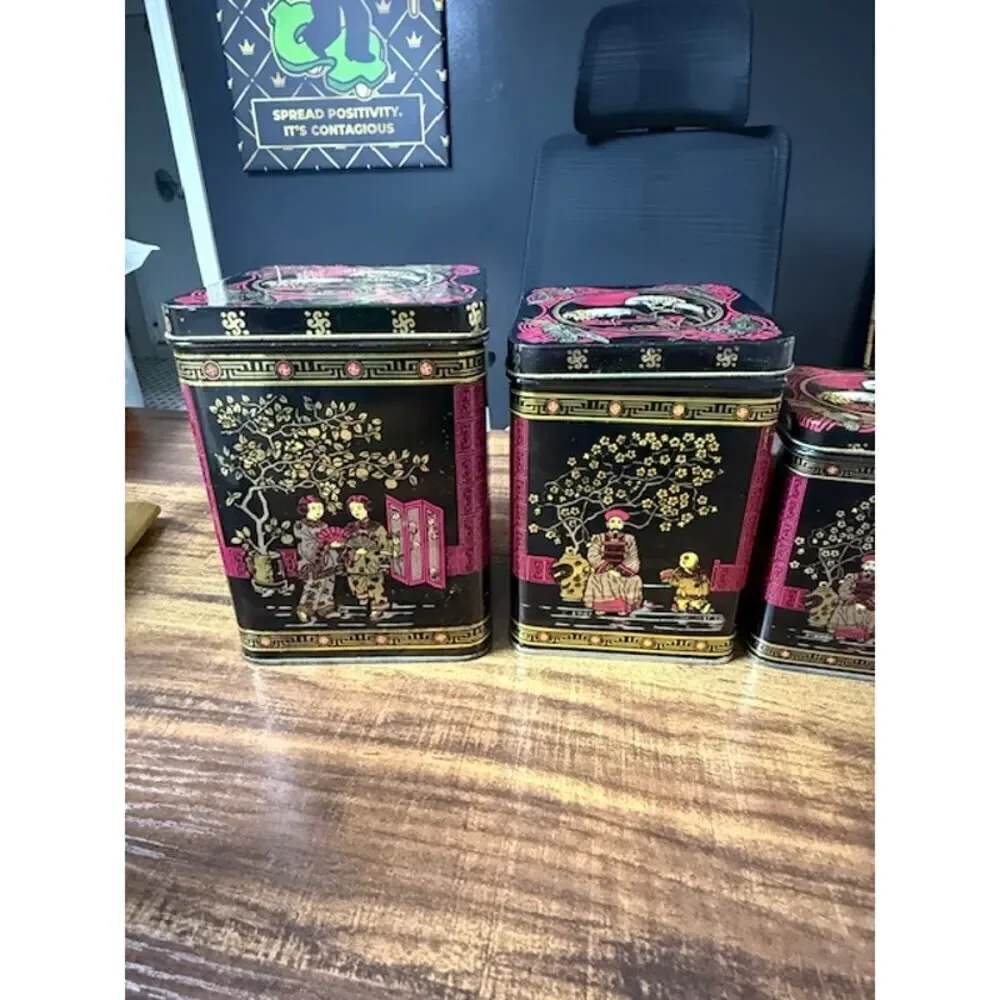 5 Vintage Grand Tea Company Canisters 1970s Metal Hong Kong
